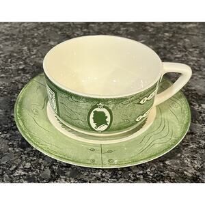 Vintage Colonial Homestead Green by Royal Flat Cup & Saucer Set Silhouettes Pail